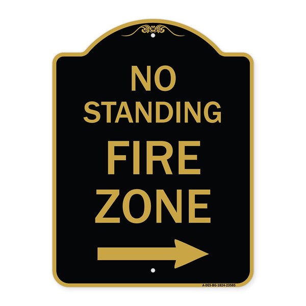No Standing Fire Zone W/ Right Arrow, Black & Gold Aluminum Sign, 18" x 24", BG-1824-23585